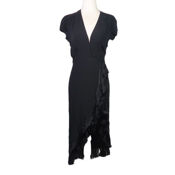 Reformation Privet Black Wrap Midi Dress Fringe Trim Small - Picture 1 of 7